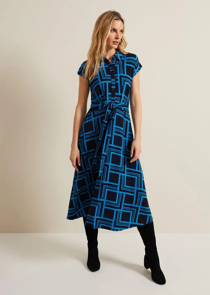 Phase Eight Dresses April Short Sleeve Geo Dress Blue 8211 Women