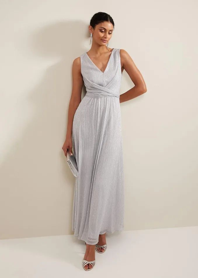 Phase Eight Dresses Artemis Plisse Shimmer Maxi Dress Silver 8211 Women