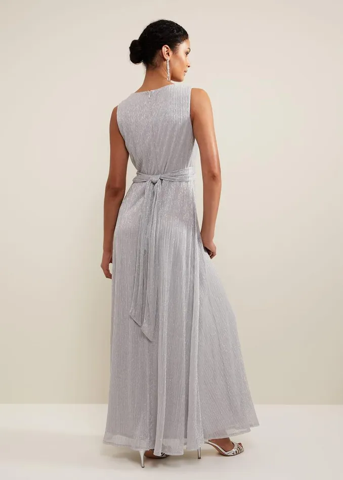 Phase Eight Dresses Artemis Plisse Shimmer Maxi Dress Silver 8211 Women