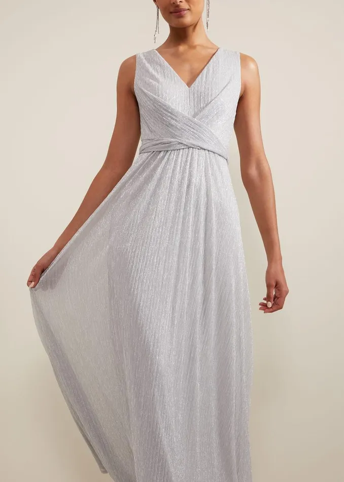 Phase Eight Dresses Artemis Plisse Shimmer Maxi Dress Silver 8211 Women