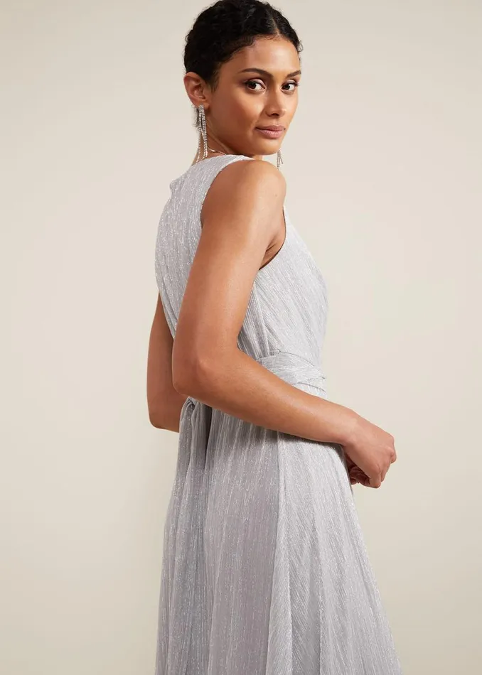 Phase Eight Dresses Artemis Plisse Shimmer Maxi Dress Silver 8211 Women