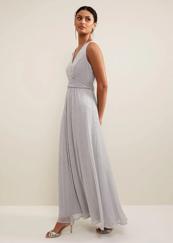 Phase Eight Dresses Artemis Plisse Shimmer Maxi Dress Silver 8211 Women