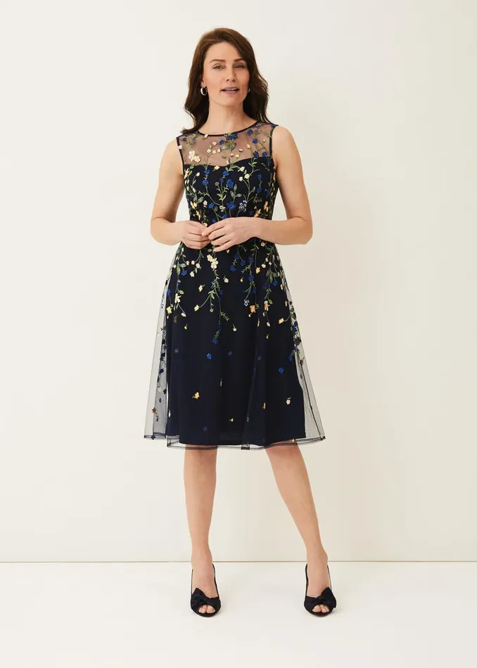 Phase Eight Dresses Esmeralda Embroidered Fit and Flare Dress Navymulti 8211 Women