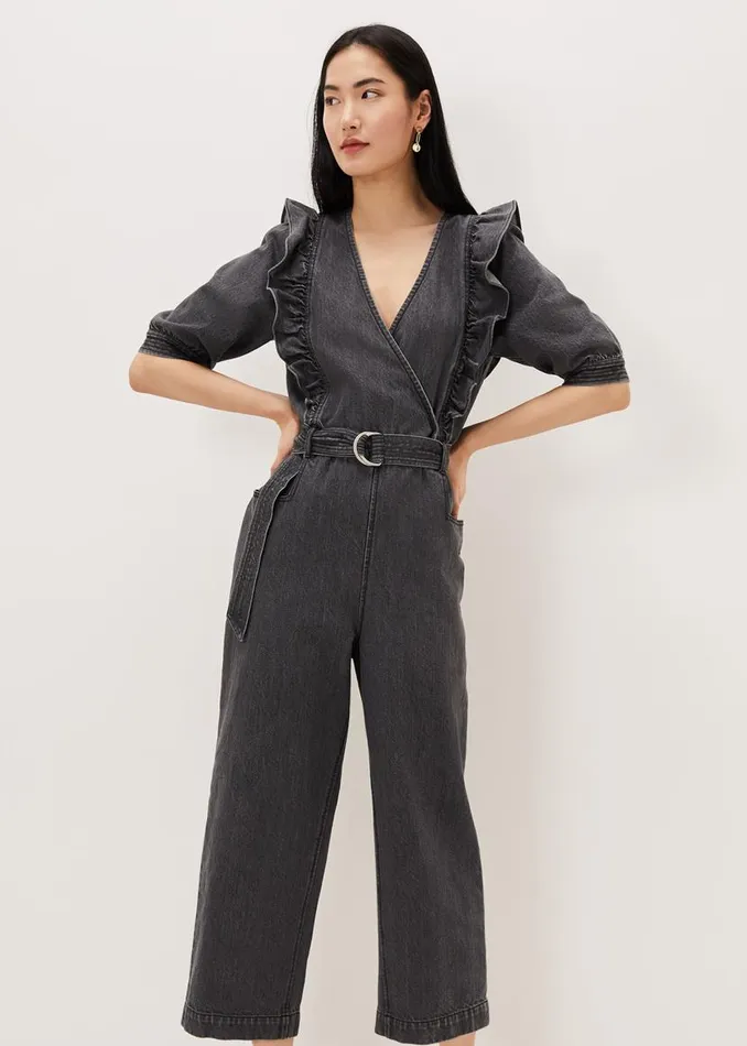 Phase Eight Dresses Flora Denim Frill Jumpsuit Grey 8211 Women
