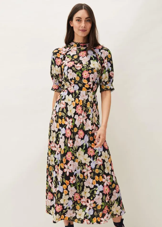 Phase Eight Dresses Penelope Floral Puff Sleeve Midi Dress Blackmulti 8211 Women
