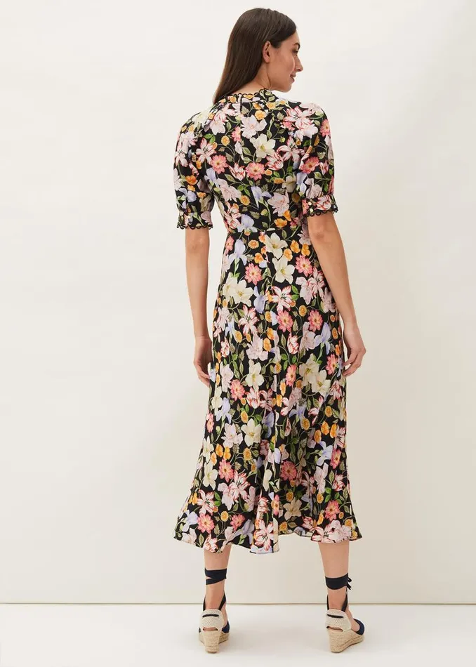 Phase Eight Dresses Penelope Floral Puff Sleeve Midi Dress Blackmulti 8211 Women