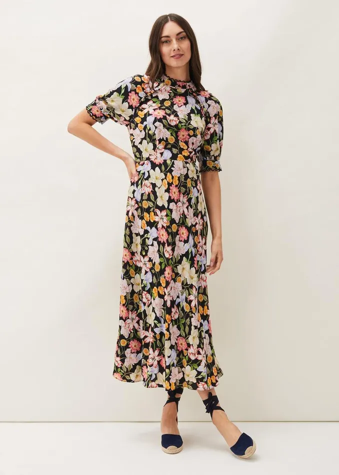 Phase Eight Dresses Penelope Floral Puff Sleeve Midi Dress Blackmulti 8211 Women