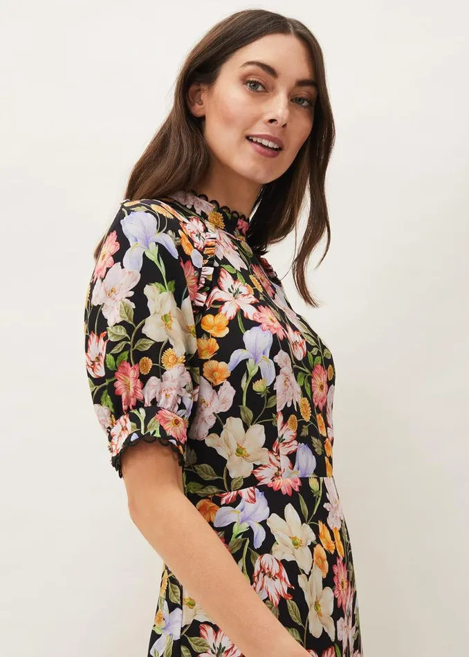Phase Eight Dresses Penelope Floral Puff Sleeve Midi Dress Blackmulti 8211 Women