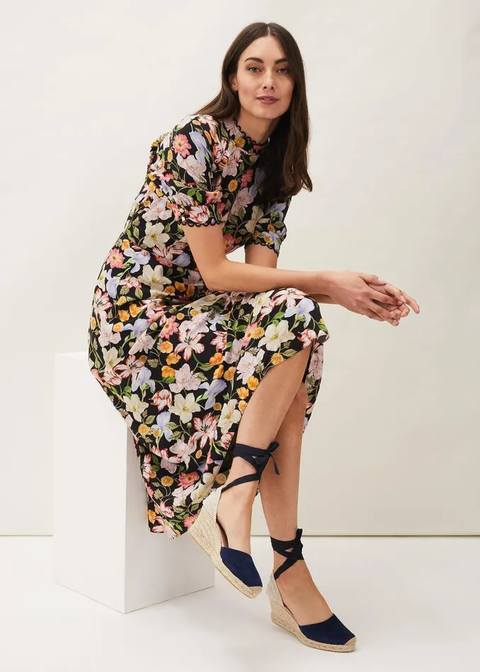 Phase Eight Dresses Penelope Floral Puff Sleeve Midi Dress Blackmulti 8211 Women