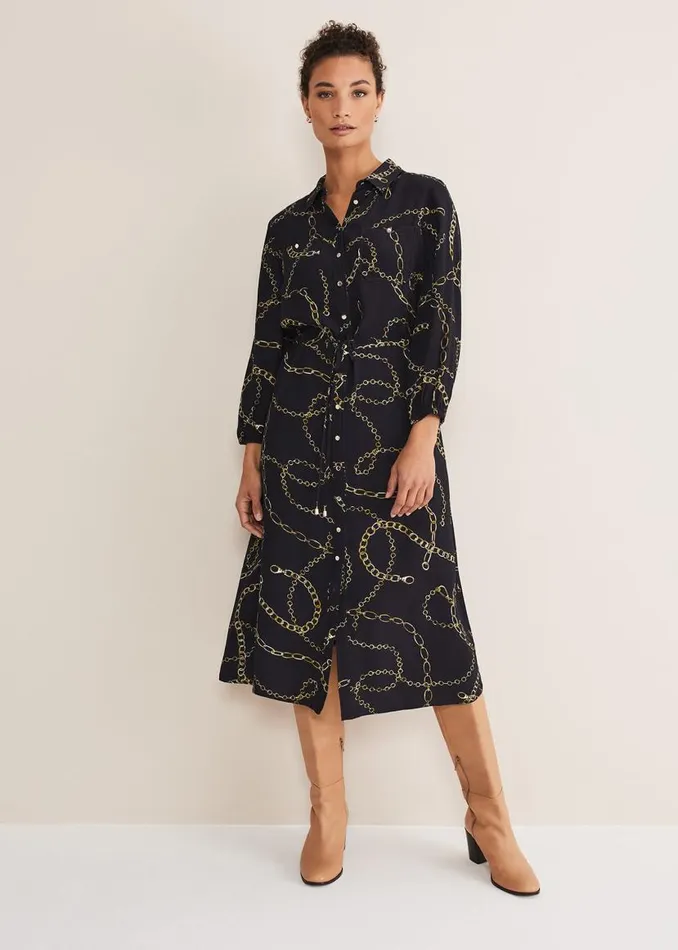Phase Eight Dresses Tana Chain Print Shirt Midi Dress Navy 8211 Women