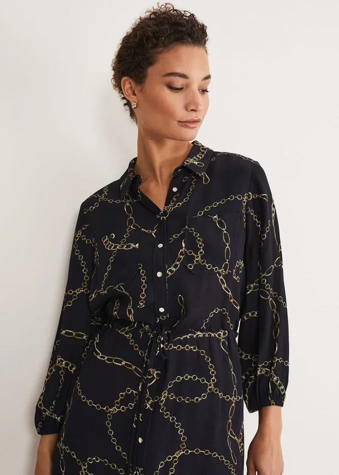 Phase Eight Dresses Tana Chain Print Shirt Midi Dress Navy 8211 Women