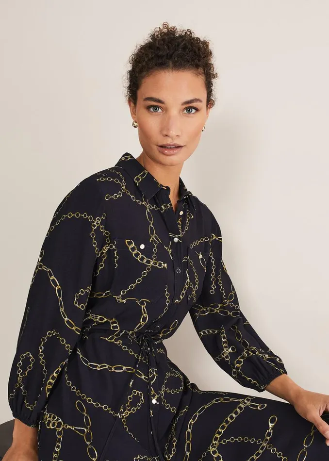 Phase Eight Dresses Tana Chain Print Shirt Midi Dress Navy 8211 Women