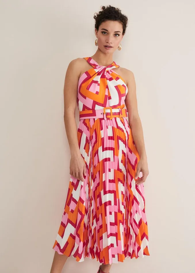 Phase Eight Dresses Yas Abstract Halterneck Midi Dress Pinkorange 8211 Women