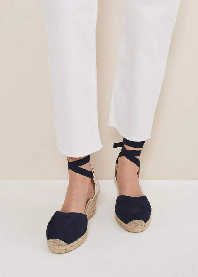Phase Eight Heels Suede Ankle Tie Espadrille Shoe Navy 8211 Women