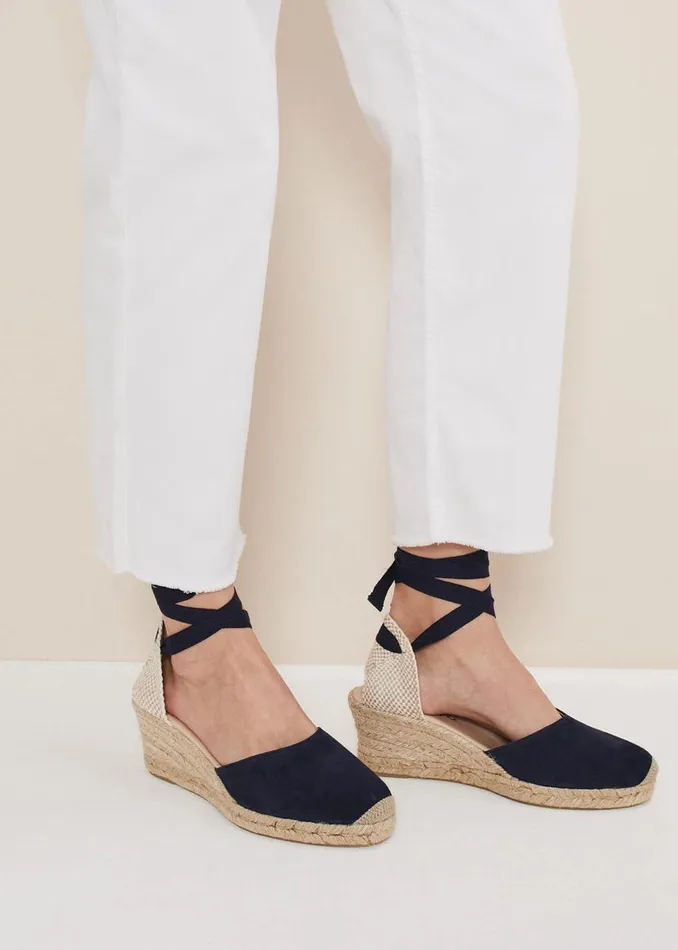 Phase Eight Heels Suede Ankle Tie Espadrille Shoe Navy 8211 Women