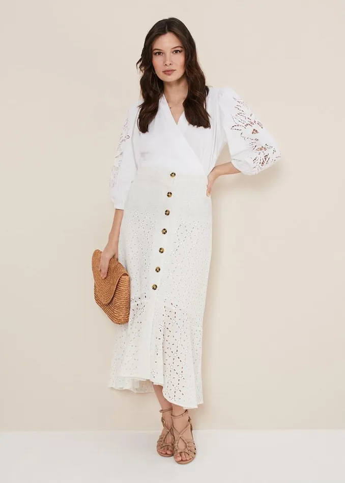 Phase Eight Skirts Abla Broderie Midi Skirt White 8211 Women