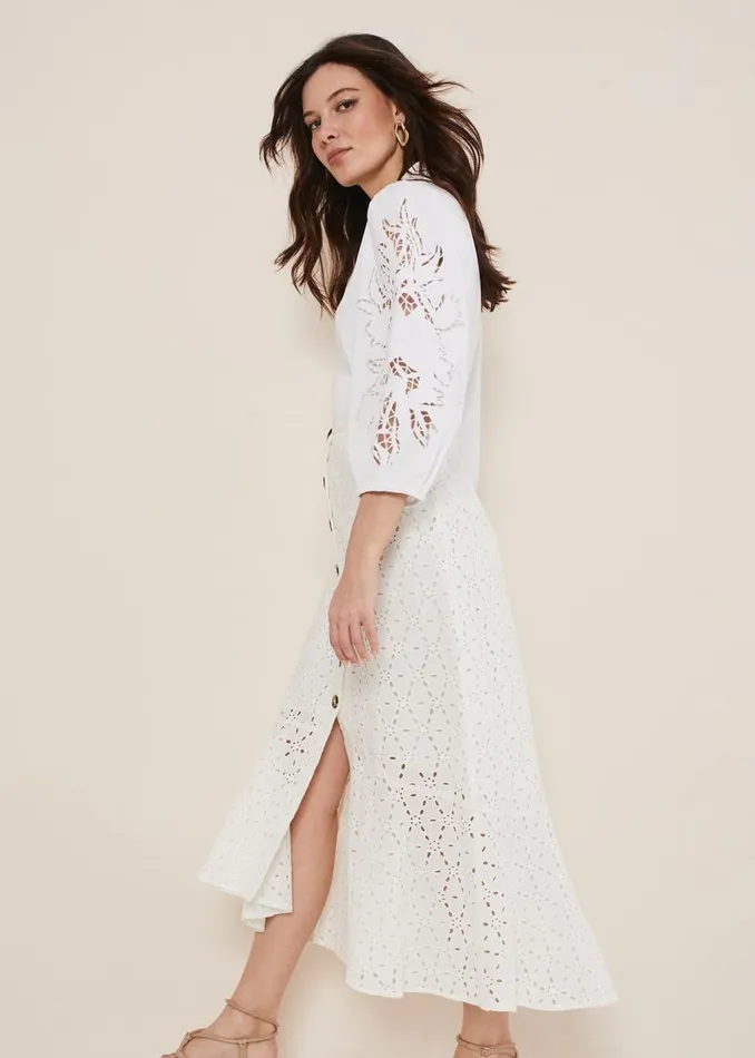 Phase Eight Skirts Abla Broderie Midi Skirt White 8211 Women