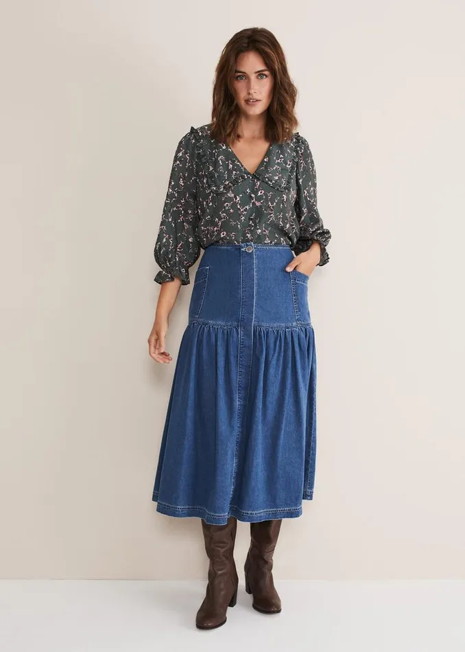 Phase Eight Skirts Elodie Tiered Denim Skirt Mid Wash Blue 8211 Women