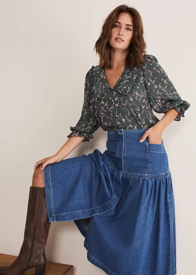 Phase Eight Skirts Elodie Tiered Denim Skirt Mid Wash Blue 8211 Women