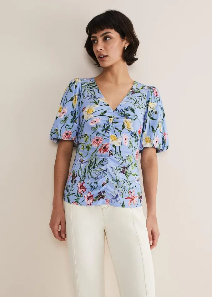 Phase Eight Tops and TShirts Donda Floral Ruched Top Bluemulti 8211 Women