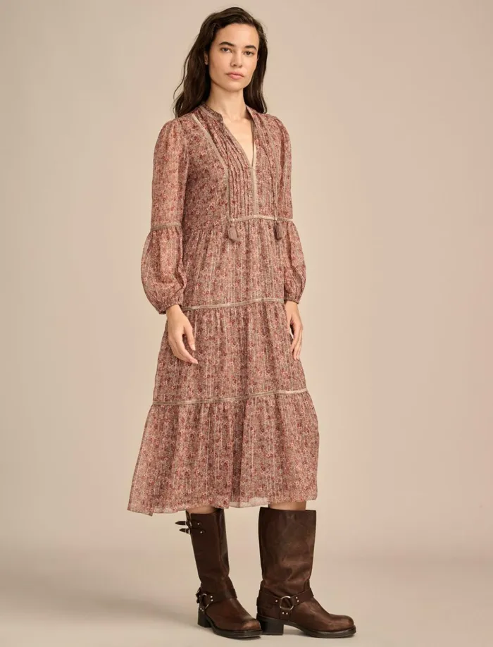 Printed Shine Chiffon Maxi Dress Pink Floral Women Lucky Brand Dresses