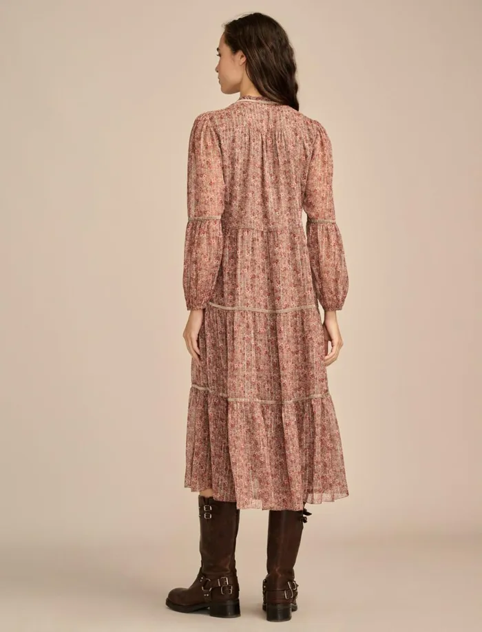 Printed Shine Chiffon Maxi Dress Pink Floral Women Lucky Brand Dresses