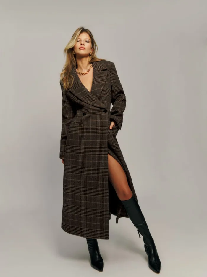 Reformation Outerwear Oscar Nipped Waist Coat Brown Check 8211 Women