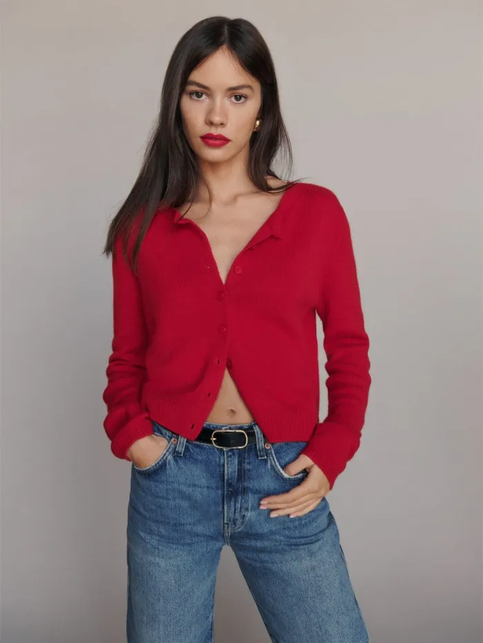 Reformation Sweaters Clara Cashmere Crew Cardigan Cherry 8211 Women
