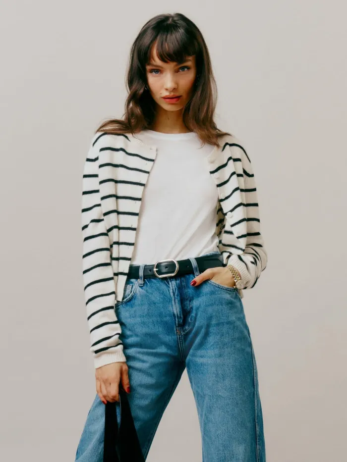 Reformation Sweaters Clara Cashmere Crew Cardigan Gossamer Black Stripe 8211 Women Reformation Sweaters Clara Cashmere Crew Cardigan Gossamer Black Stripe 8211 Women