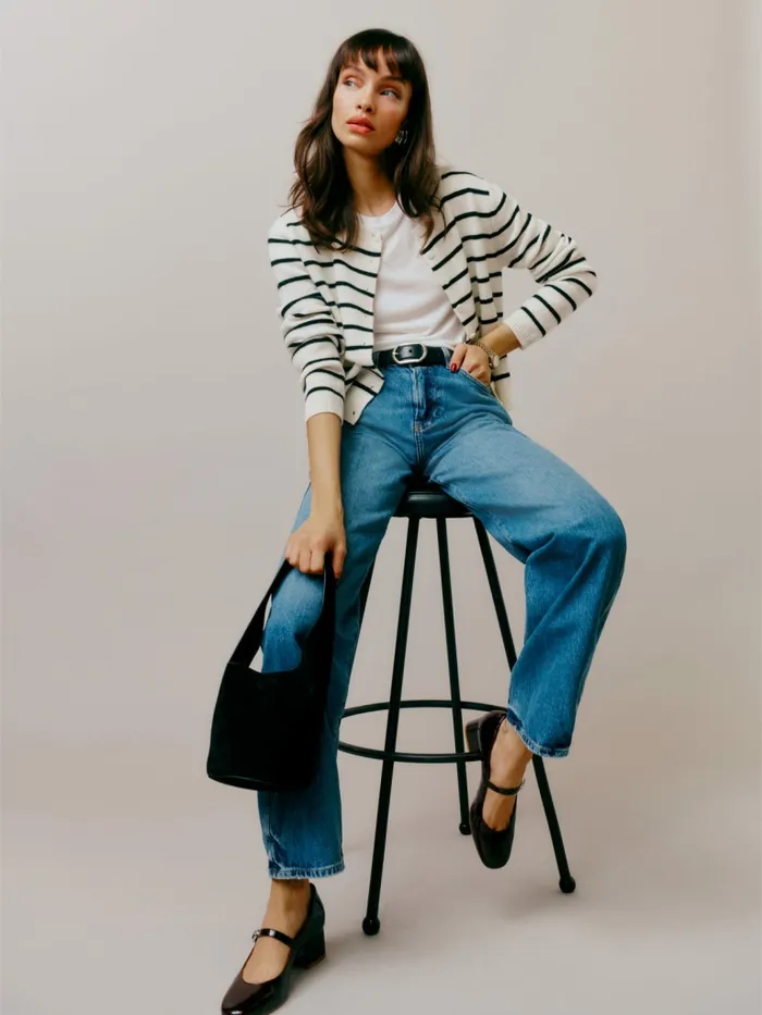 Reformation Sweaters Clara Cashmere Crew Cardigan Gossamer Black Stripe 8211 Women Reformation Sweaters Clara Cashmere Crew Cardigan Gossamer Black Stripe 8211 Women