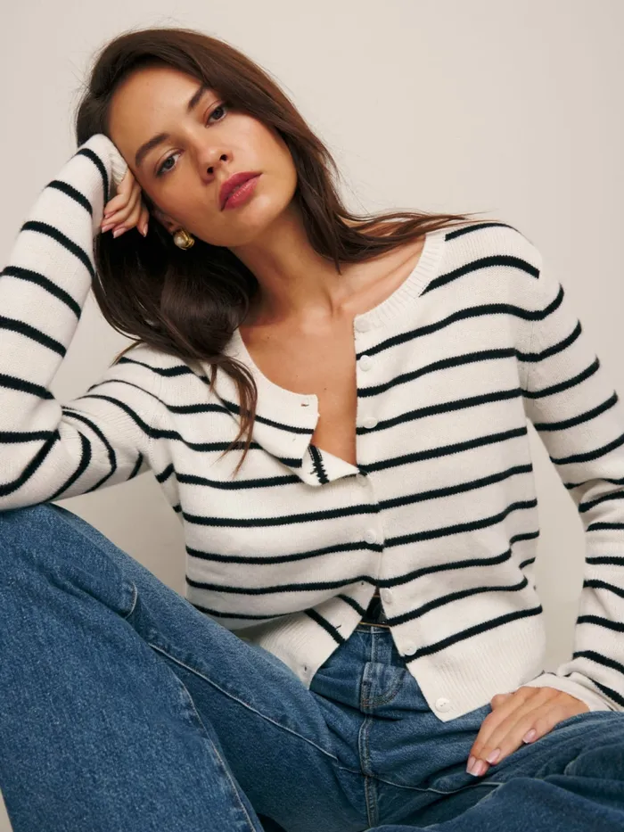 Reformation Sweaters Clara Cashmere Crew Cardigan Gossamer Black Stripe 8211 Women Reformation Sweaters Clara Cashmere Crew Cardigan Gossamer Black Stripe 8211 Women