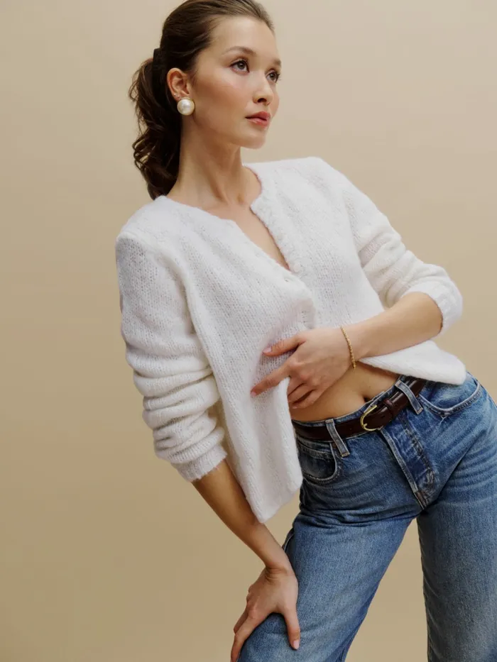 Reformation Sweaters Clara Crew Cardigan White 8211 Women
