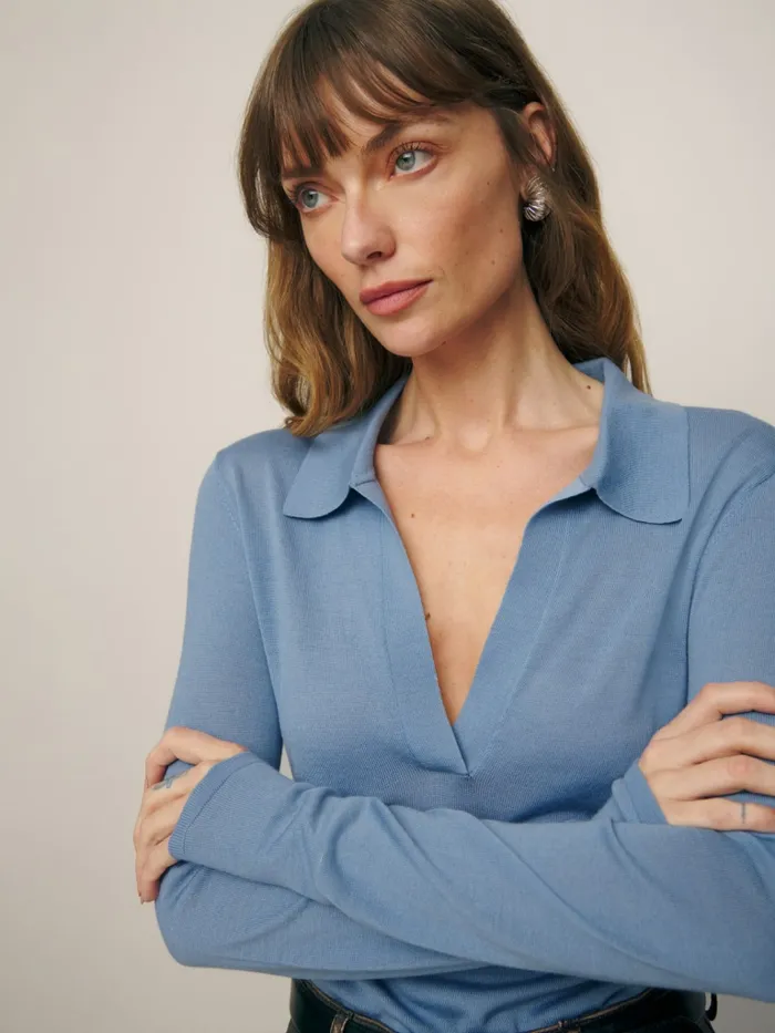 Reformation Sweaters Lucas Relaxed Regenerative Merino Polo Cornflower 8211 Women Reformation Sweaters Lucas Relaxed Regenerative Merino Polo Cornflower 8211 Women