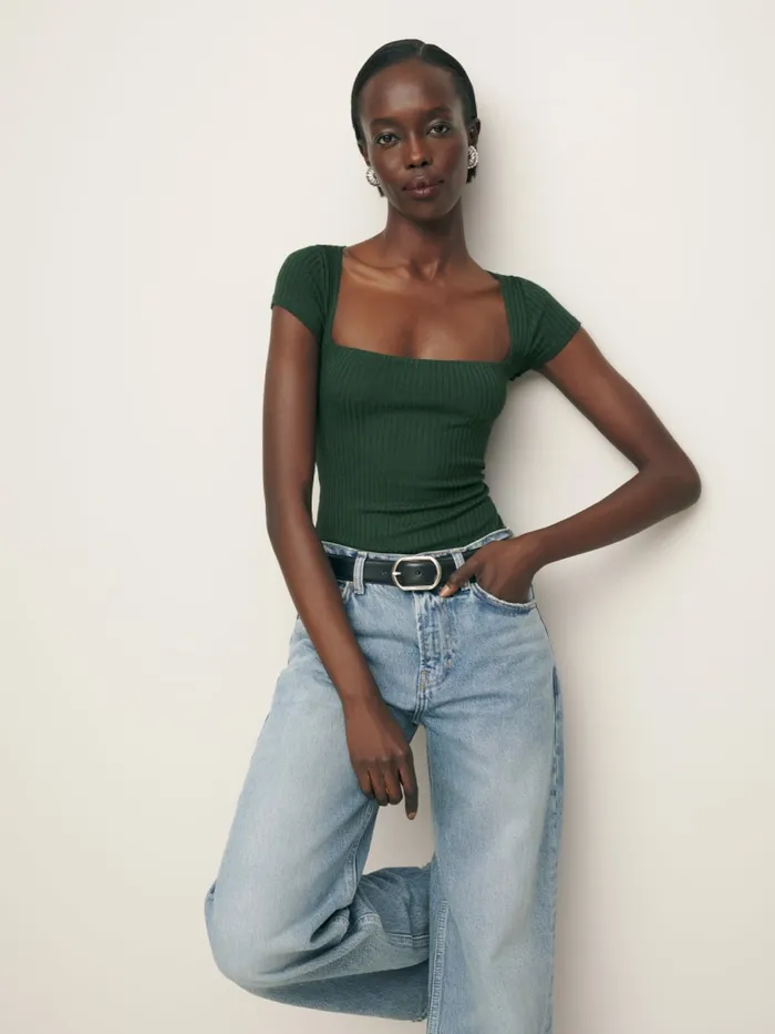 Reformation Tops Bardot Ribbed Knit Top Forest 8211 Women