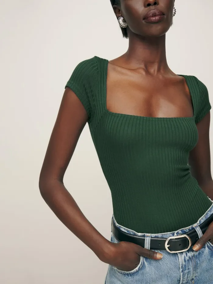 Reformation Tops Bardot Ribbed Knit Top Forest 8211 Women