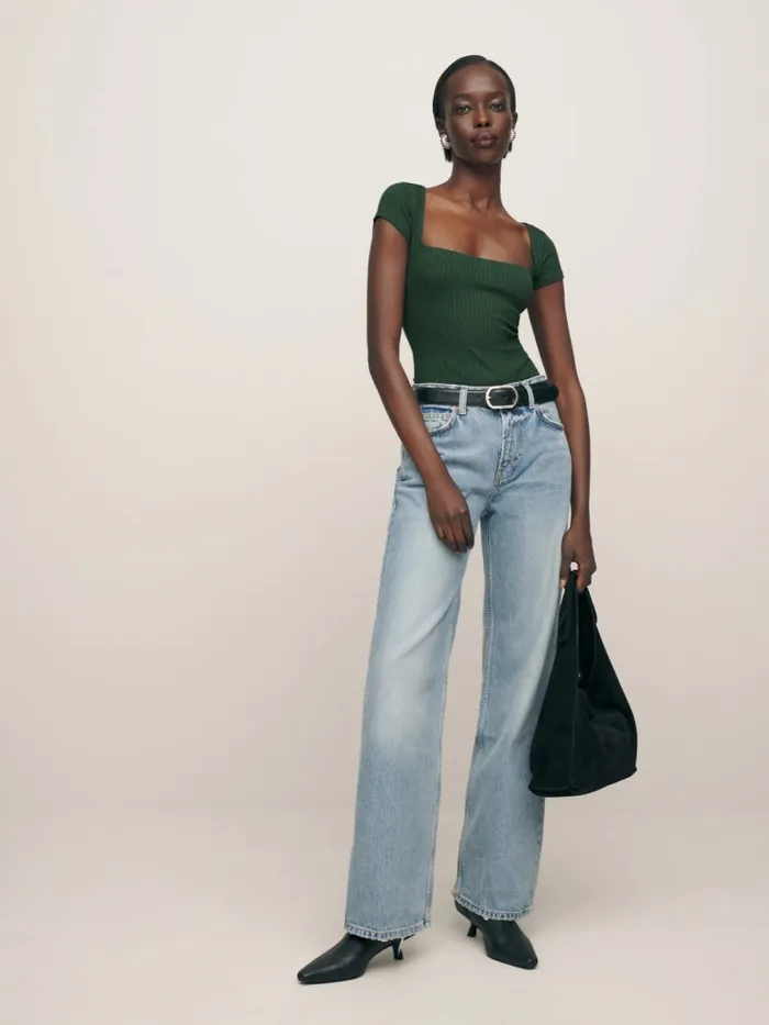 Reformation Tops Bardot Ribbed Knit Top Forest 8211 Women