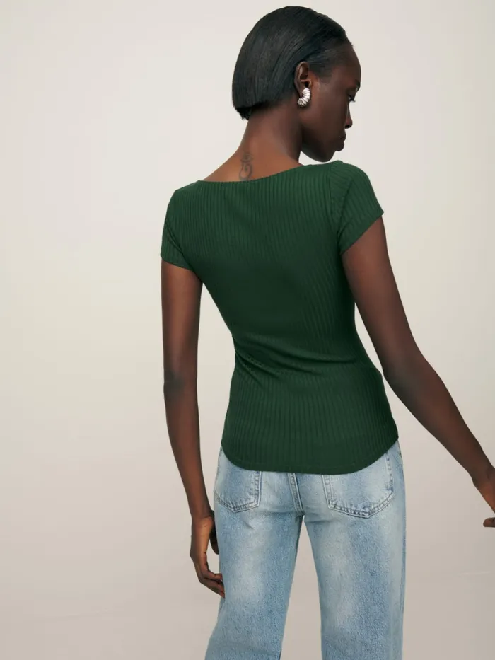 Reformation Tops Bardot Ribbed Knit Top Forest 8211 Women