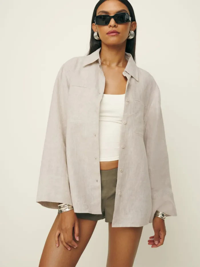 Reformation Tops Ian Oversized Linen Shirt Oatmeal 8211 Women