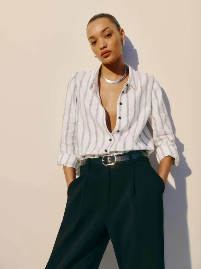 Reformation Tops Sky Relaxed Linen Top Harbor Stripe 8211 Women