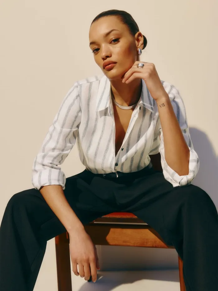 Reformation Tops Sky Relaxed Linen Top Harbor Stripe 8211 Women