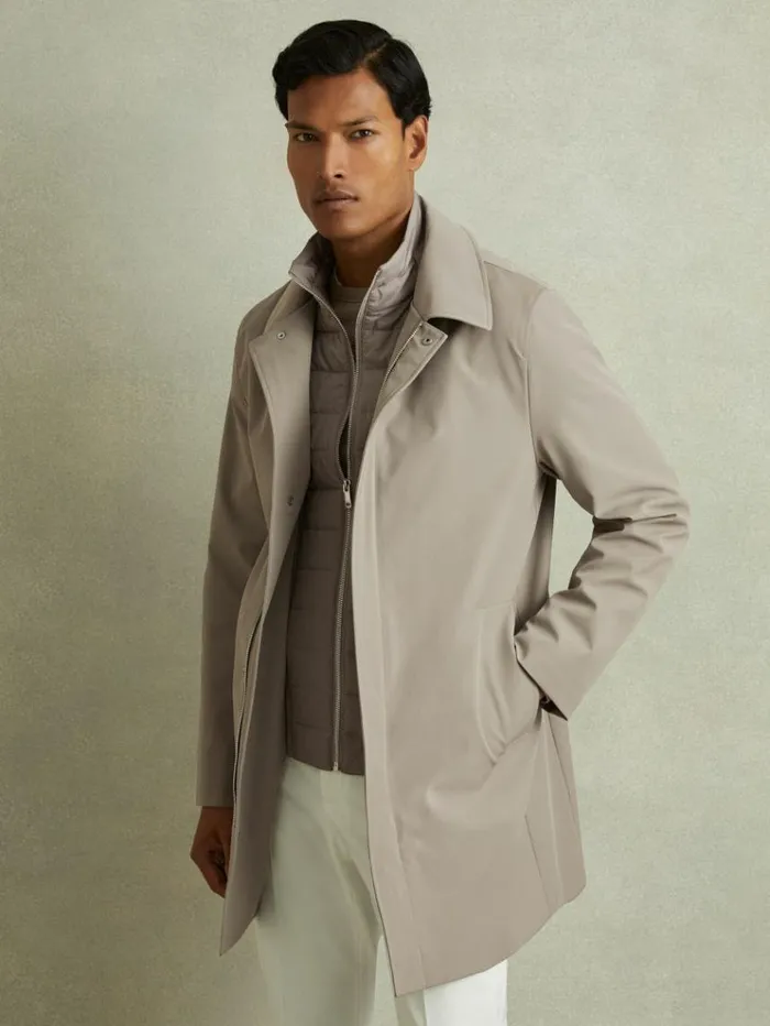 REISS Coats and Jackets Men Hybrid Removable Funnel Neck Overcoat Taupe