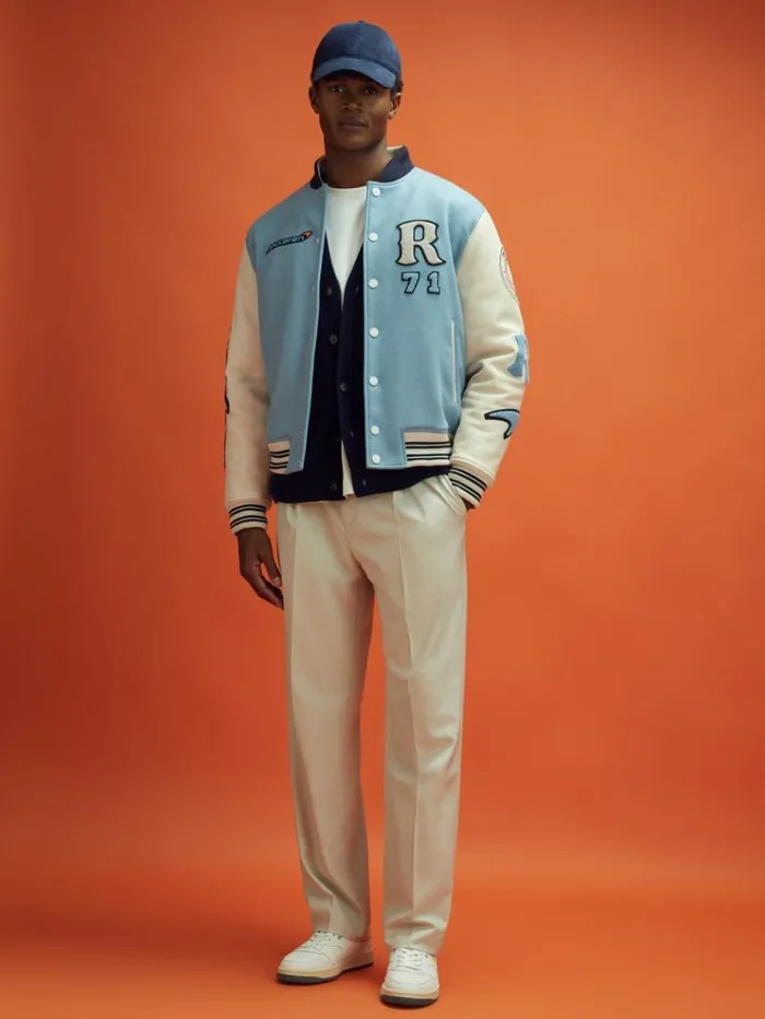 REISS Coats and Jackets Men McLaren F1 Leather Varsity Jacket Soft Blueecru