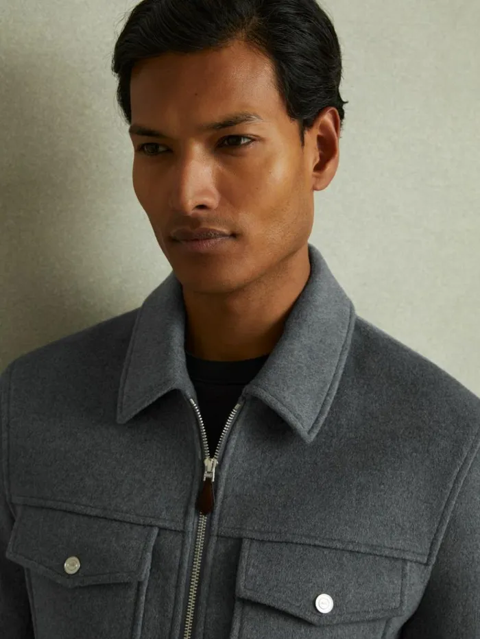 REISS Coats and Jackets Men ZipThrough Trucker Jacket With Wool Sky Blue Melange