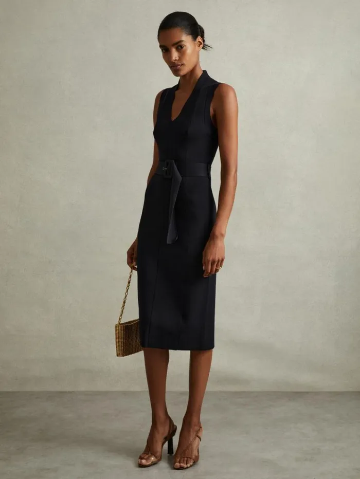 REISS Dresses Women Knitted Ribbed Belted Midi Dress Navy