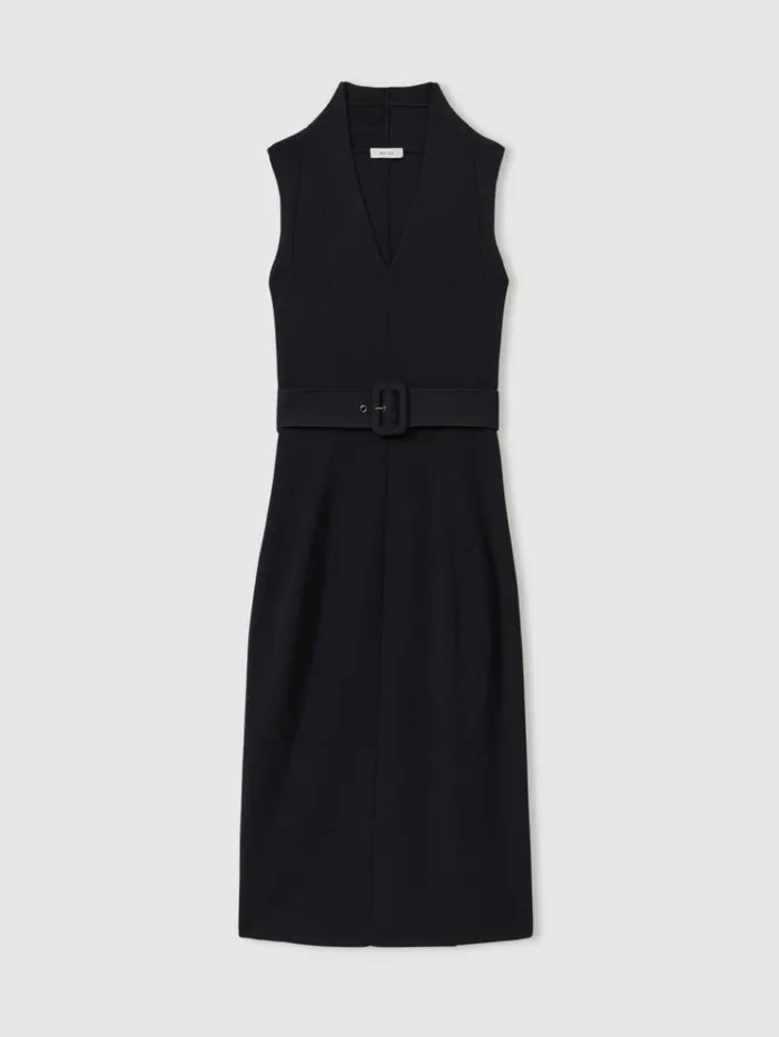 REISS Dresses Women Knitted Ribbed Belted Midi Dress Navy