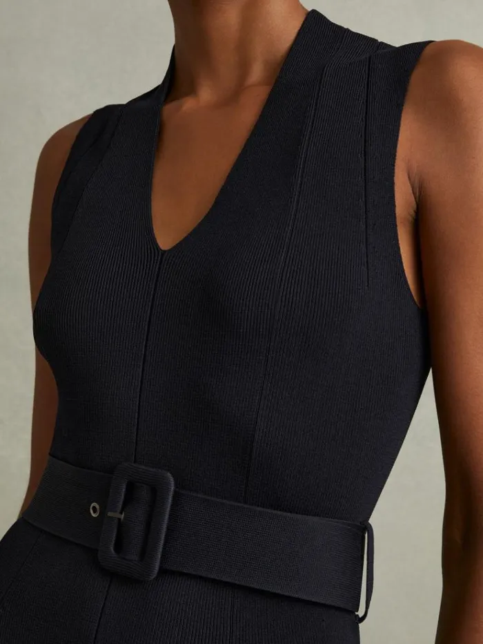 REISS Dresses Women Knitted Ribbed Belted Midi Dress Navy