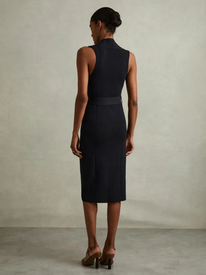 REISS Dresses Women Knitted Ribbed Belted Midi Dress Navy