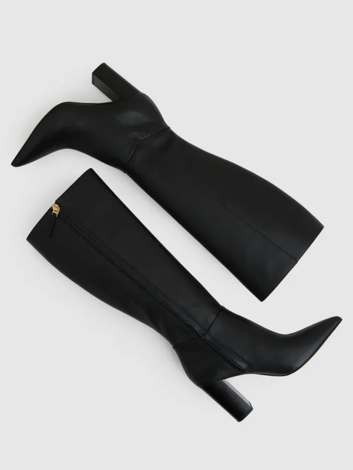 REISS Heels Women Block Heel Knee High Boots Black