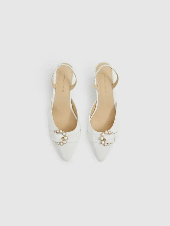 REISS Heels Women Leather Slingback Kitten Heels Snow White