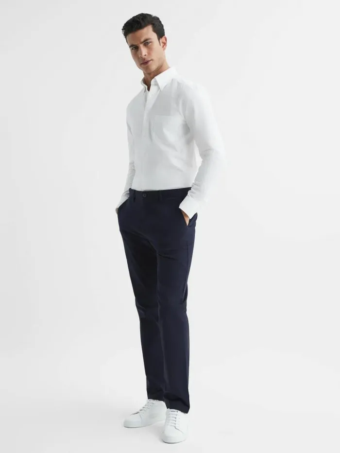 REISS Pants Men Slim Fit Washed Cotton Blend Chinos Navy